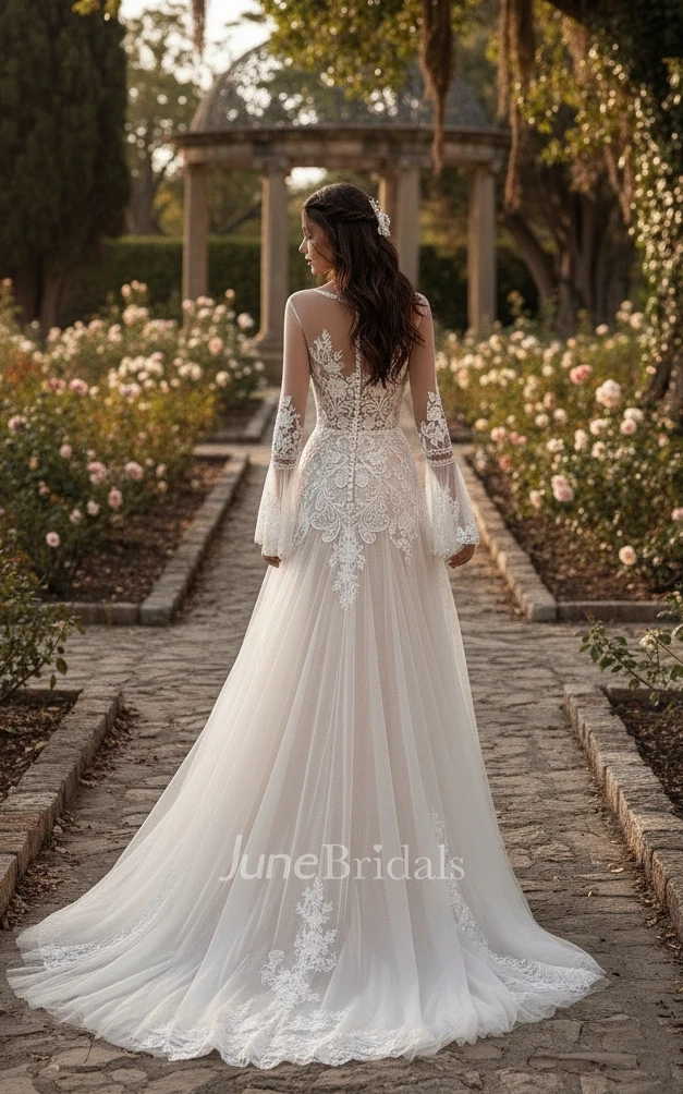Boho Lace A-Line Long Sleeve Wedding Dress Flowy Beach Country Tulle Gown with Slit