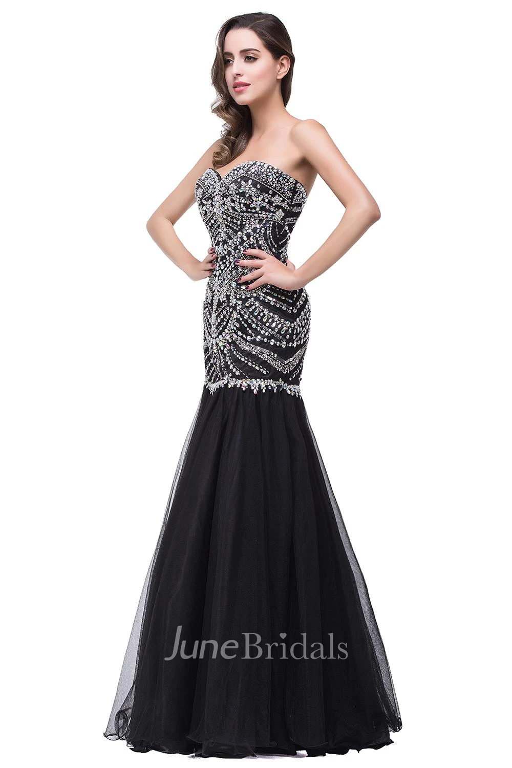 Glamorous Crystals Black Mermaid Prom Dress Sweetheart Sleeveless Zipper