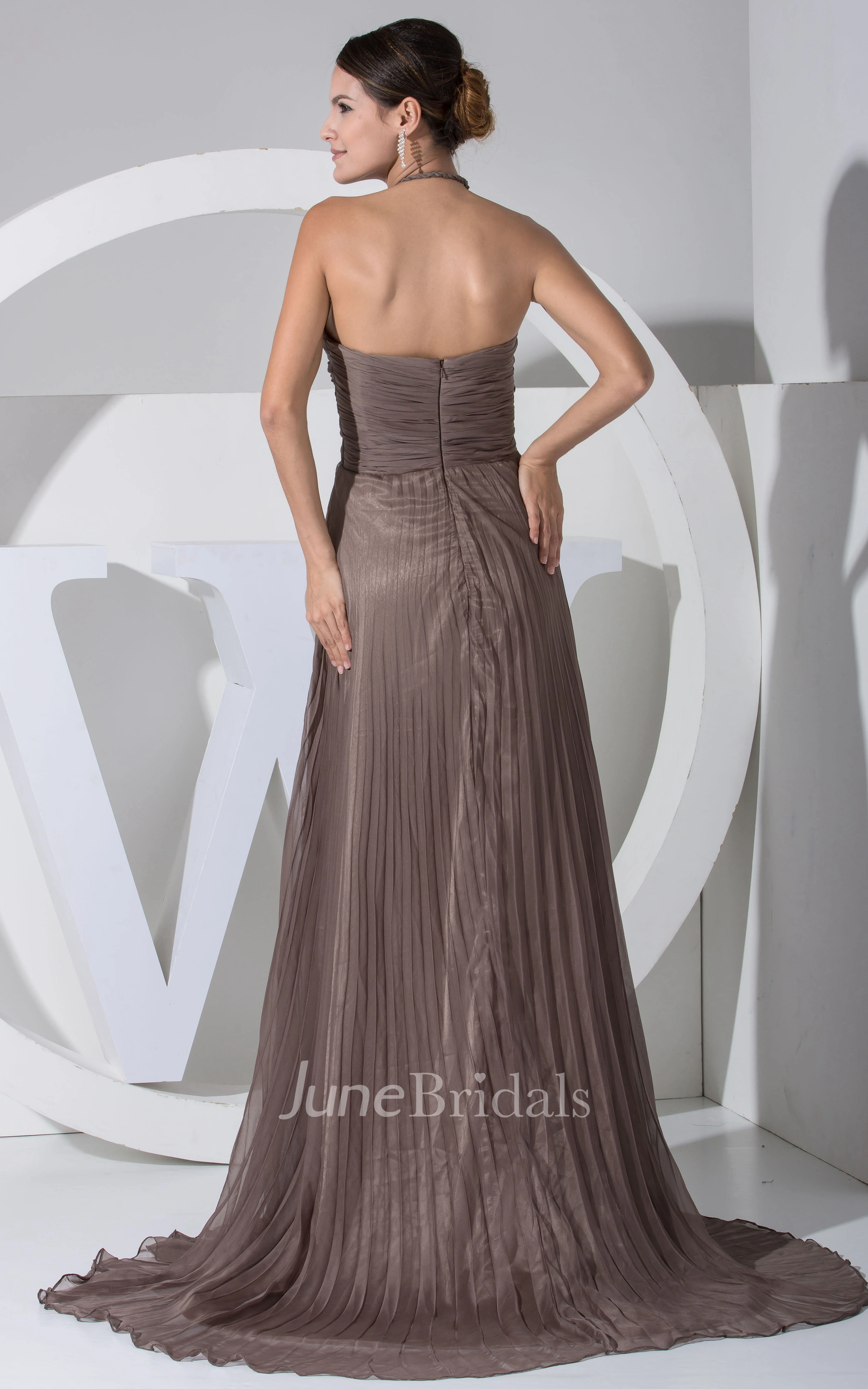 Strapless Chiffon Criss-Cross Ruched Dress With Brush Train