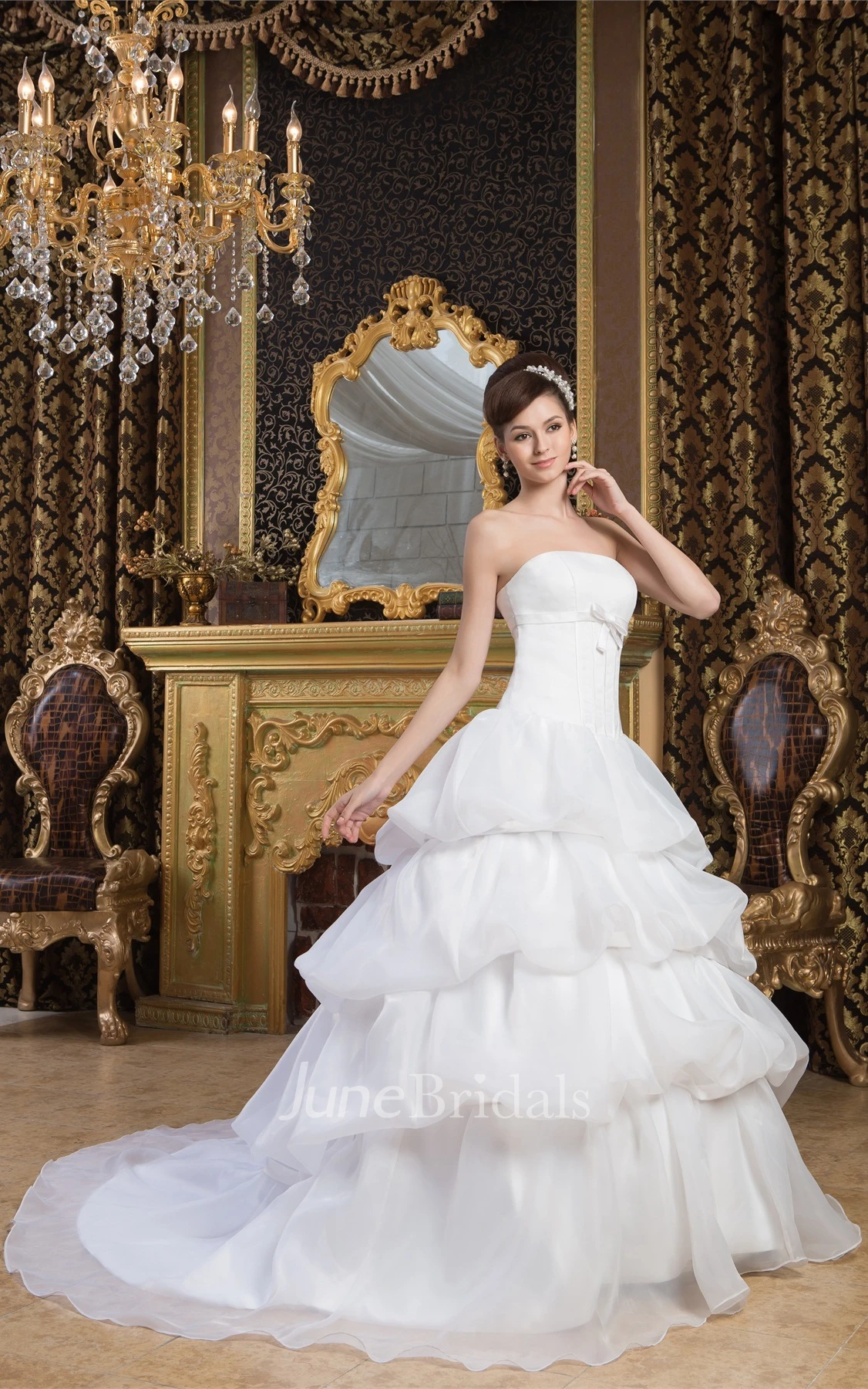 Strapless A-Line Tiered Dress with Bow and Pick-Up Design