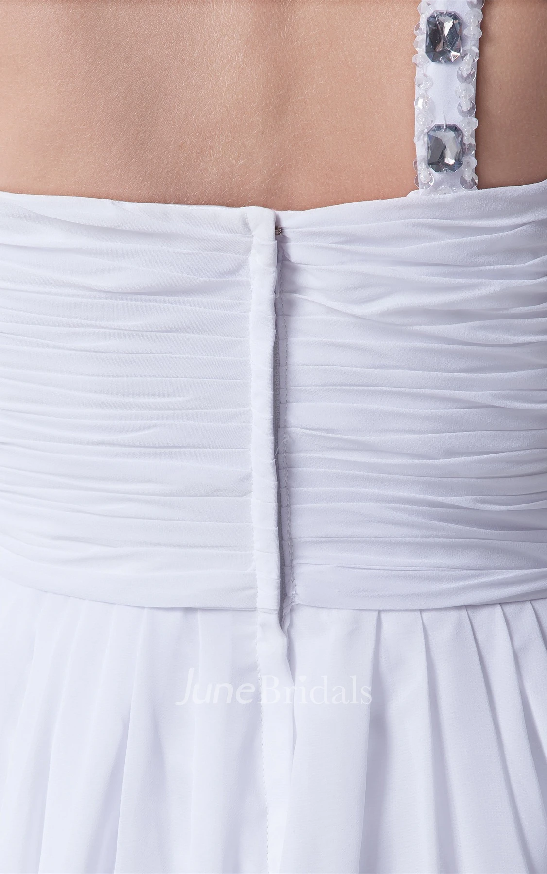 Strap One-Shoulder Sweetheart Ruched Dress with Beadings and Zipper Back