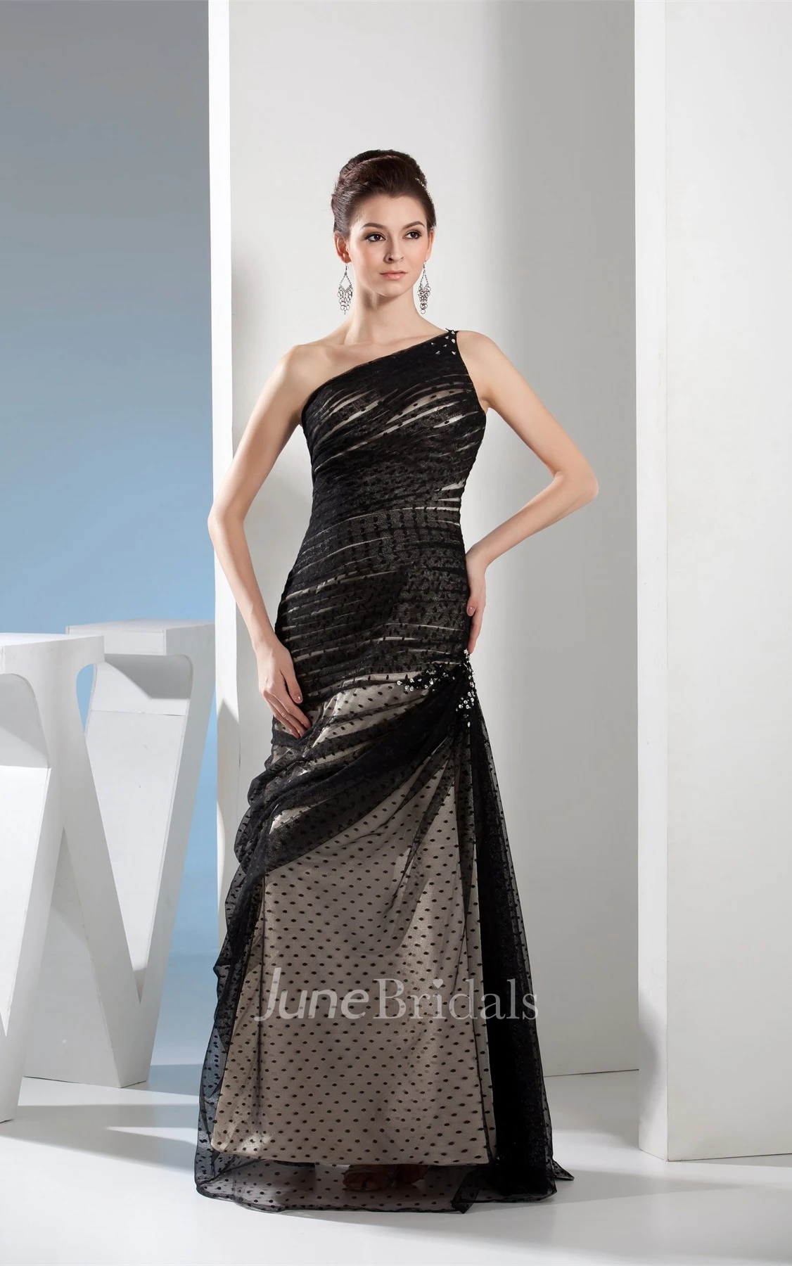 One-Shoulder Ruched Sheath Dress with Buckle and Beading