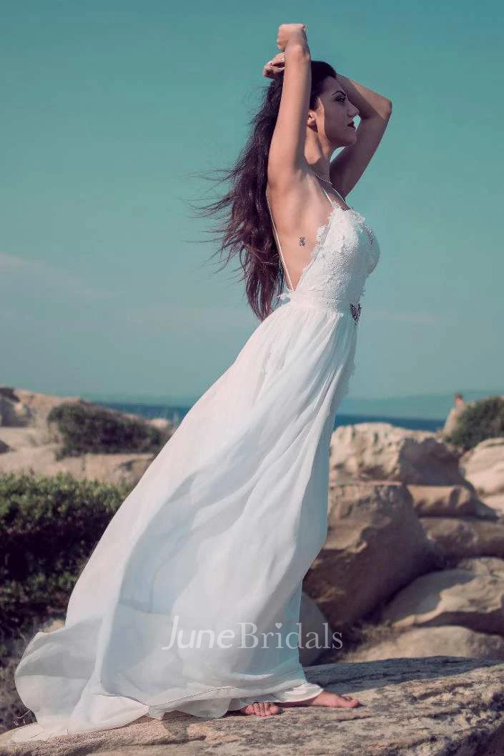 Spaghetti Lace Chiffon Floor-Length Wedding Dress With Appliques