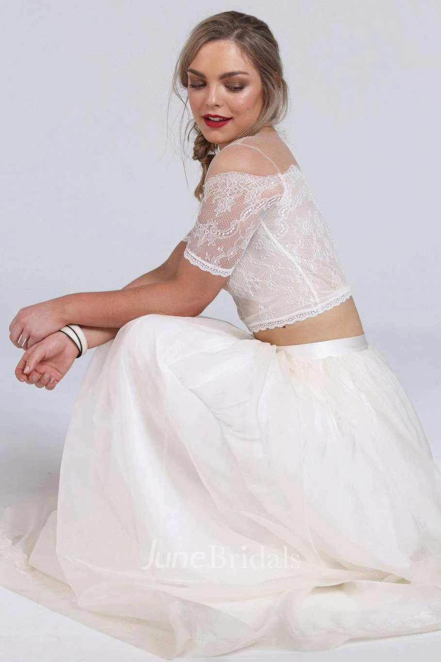 Illusion Off-The-Shoulder Lace Short Sleeve Two Piece Warm Wedding Dress