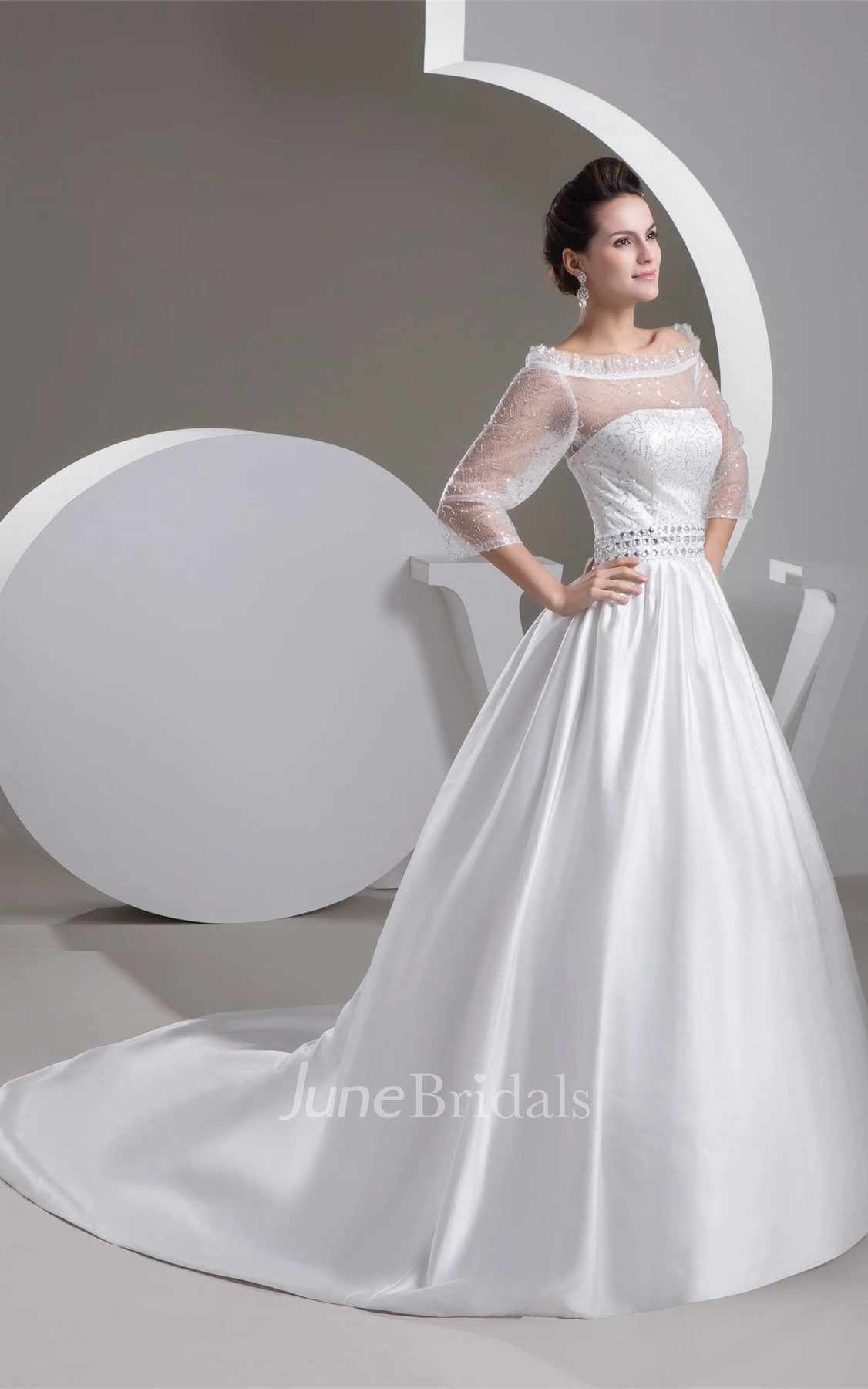 Off-The-Shoulder Satin A-Line Gown with Illusion and Gemmed Waist