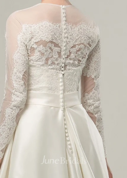 A-Line High Neck Long-Sleeve Satin Wedding Dress With Illusion