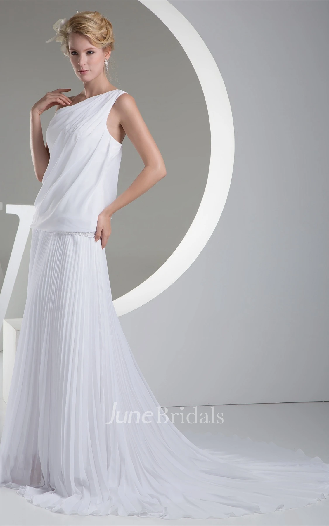 One-Shoulder Pleated Chiffon Maxi Dress with Gemmed Waist