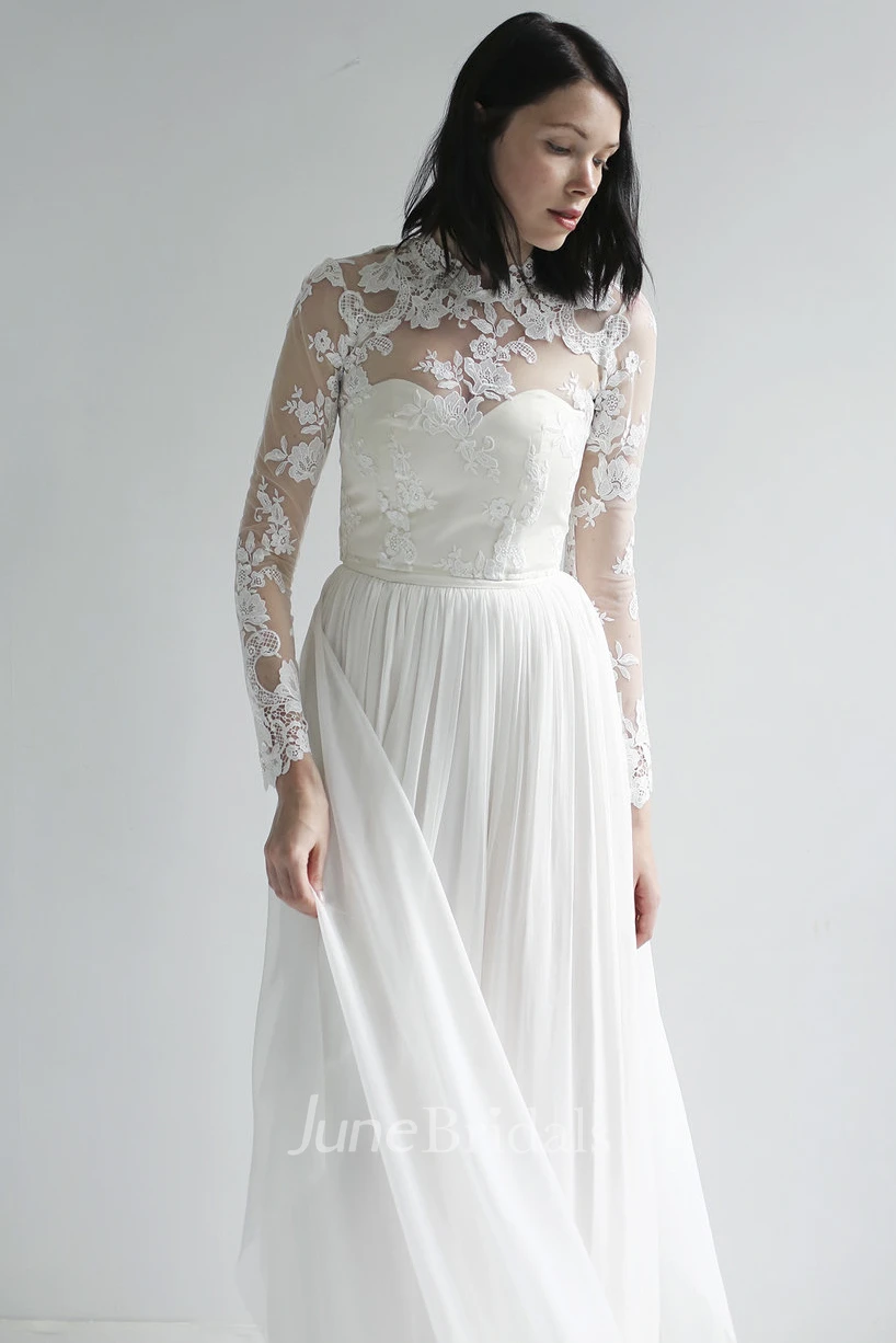 High Neck Long Sleeve Illusion Lace And Chiffon Wedding Gown