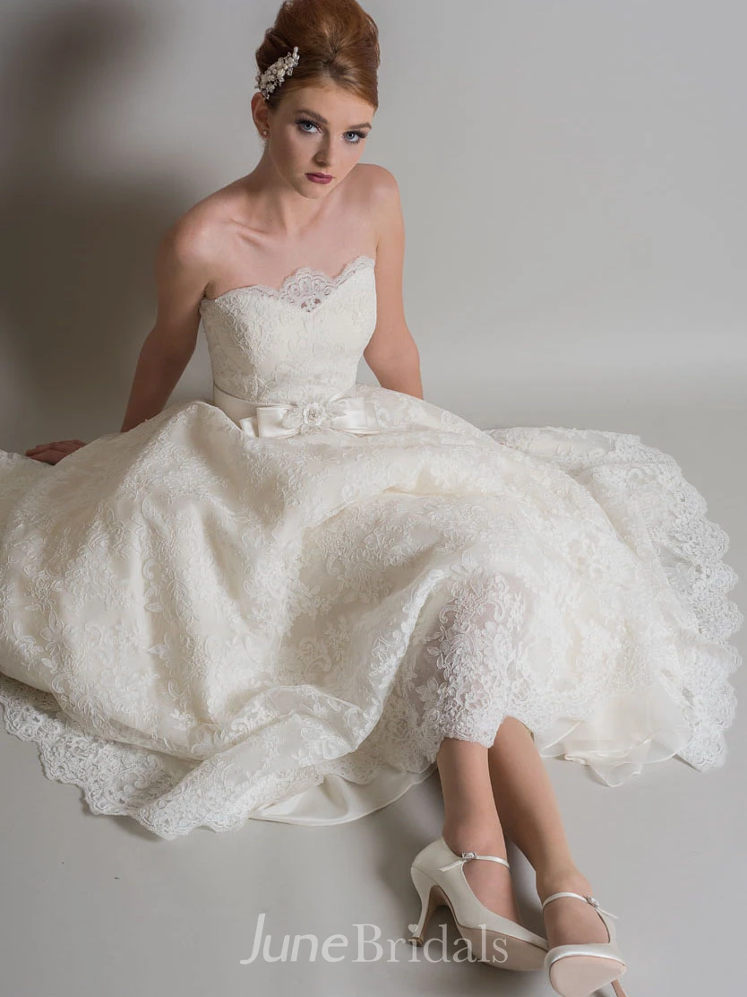 Ankle-Length A-Line Appliqued Strapless Lace Wedding Dress With Bow