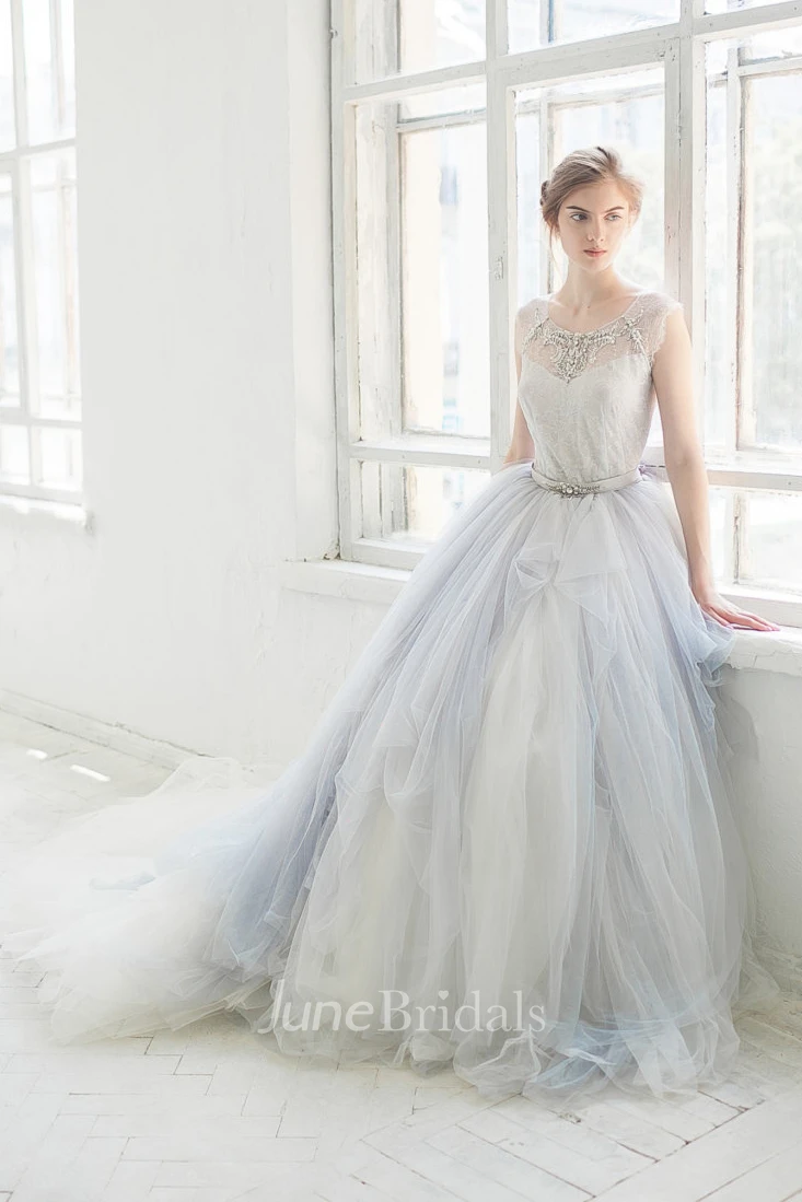 Bell Sleeve Tulle Satin Lace Wedding Dress