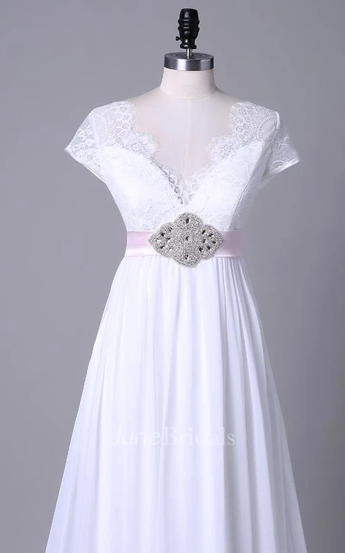 Tea-Length Off-The-Shoulder One-Shoulder V-Neck Beading Chiffon Lace Sequins Satin Dress