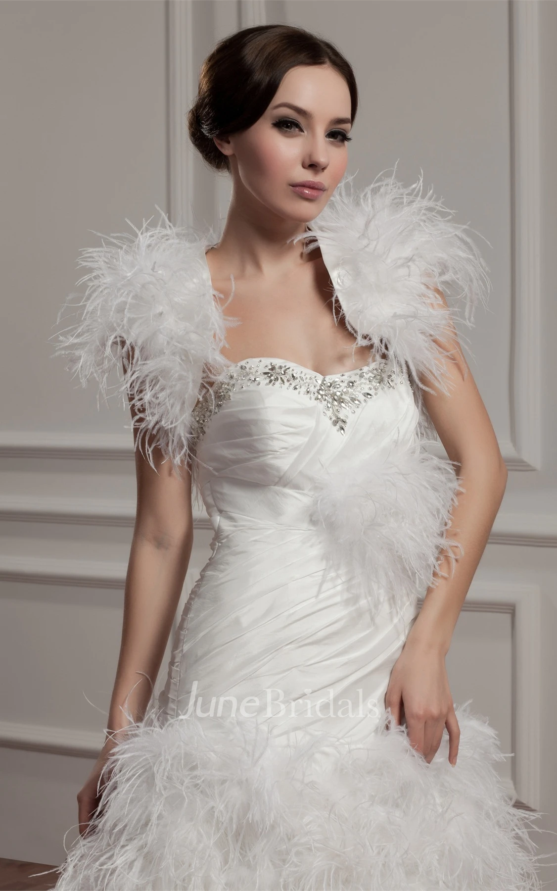Strapless Criss-Cross Ruffled A-Line Gown with Beading and Bolero
