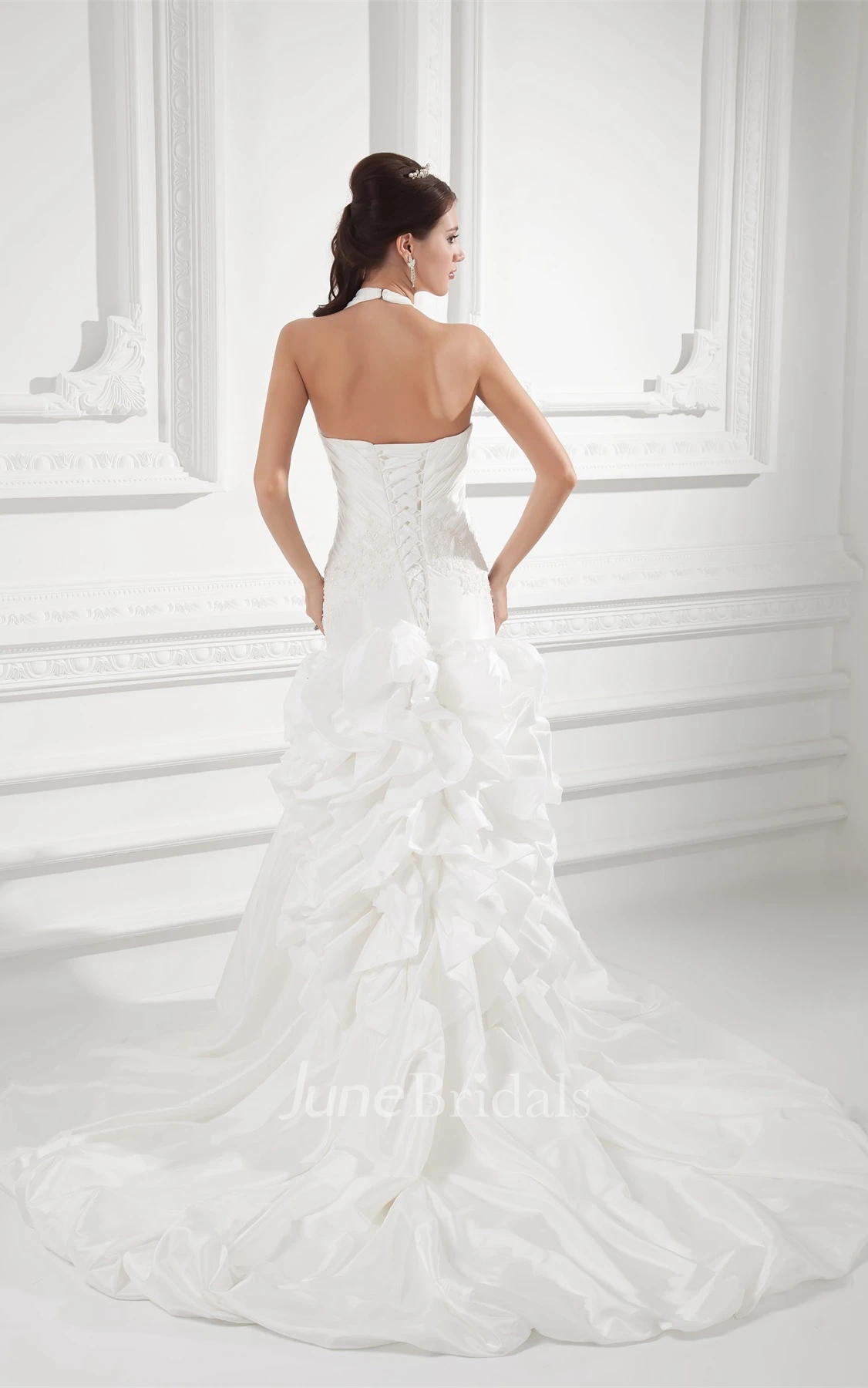 haltered a-line sleeveless gown with appliques and ruching