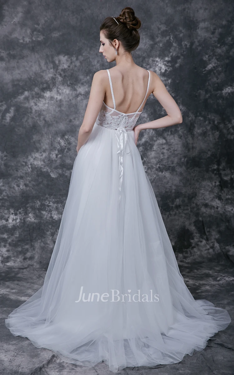 Spaghetti Strap Low V Neck Long Tulle Dress With Sash and Lace Detailing