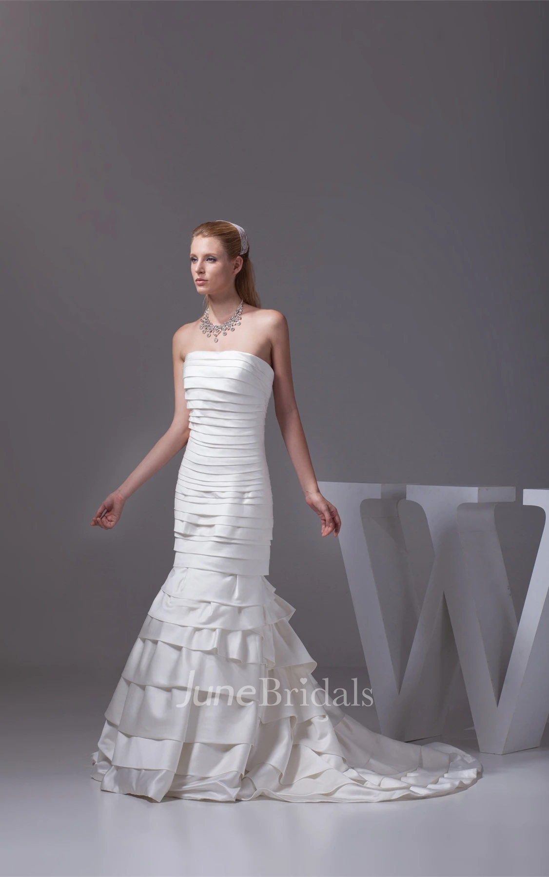 Strapless Mermaid Satin Dress with Ruching and Tiers