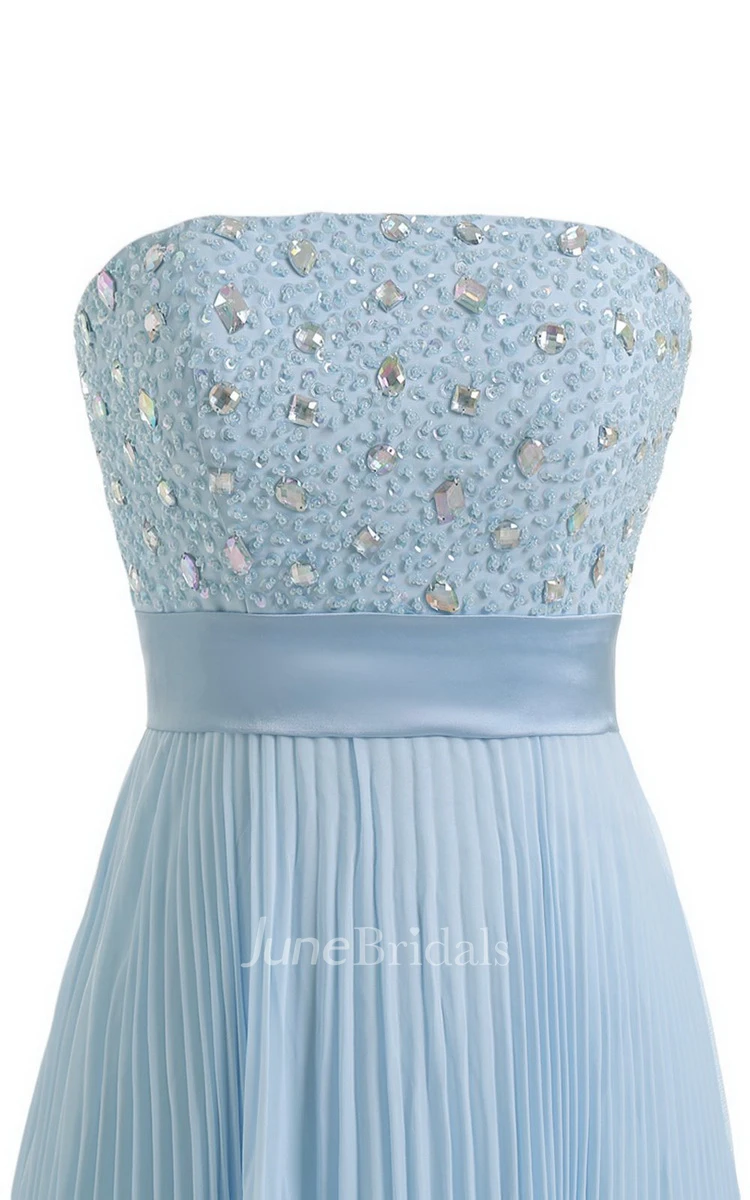 Strapless Empire Long Pleated Dress With Rhinestones