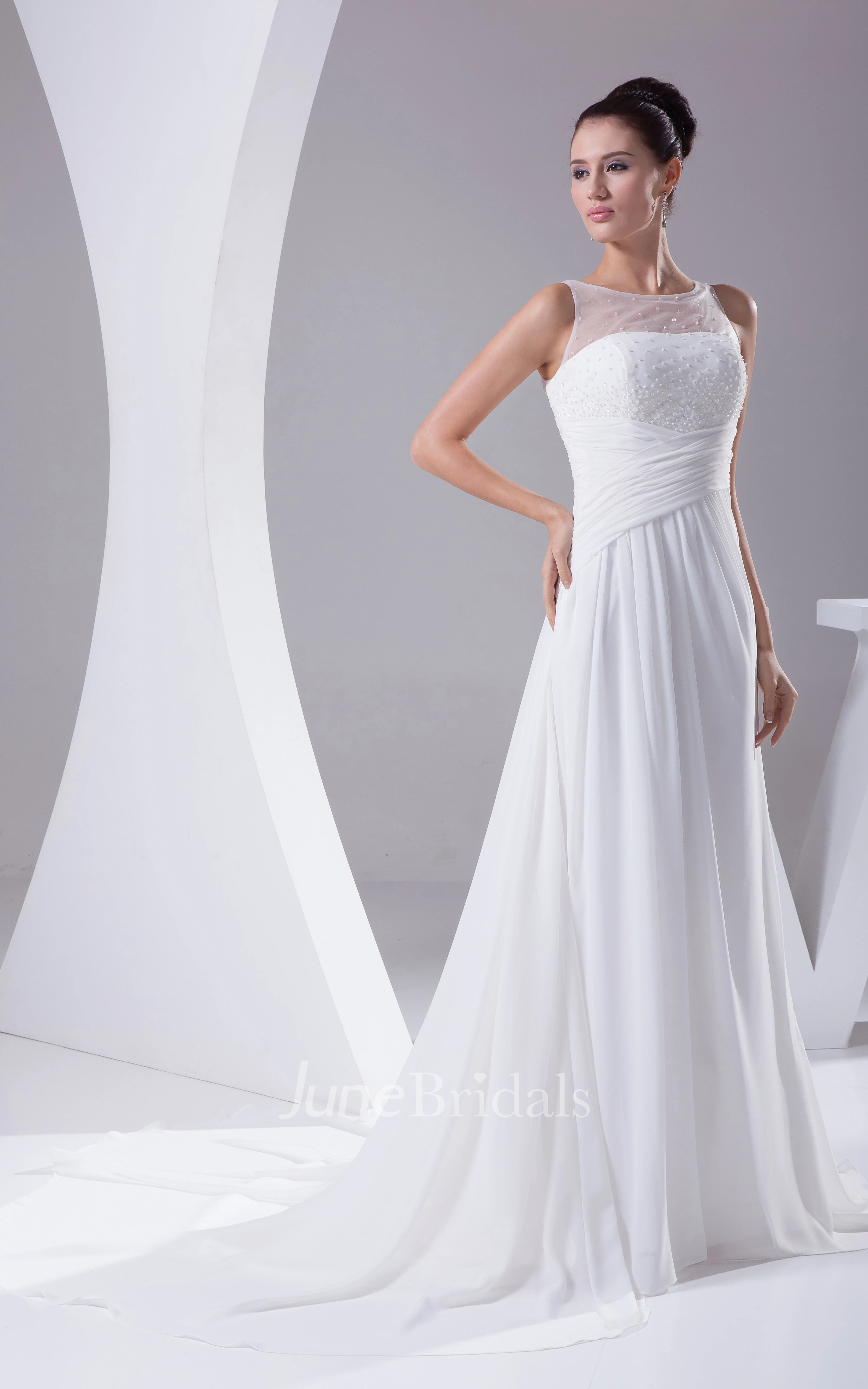 Illusion-Neck Criss-Cross Ruched Chiffon Dress With Beading