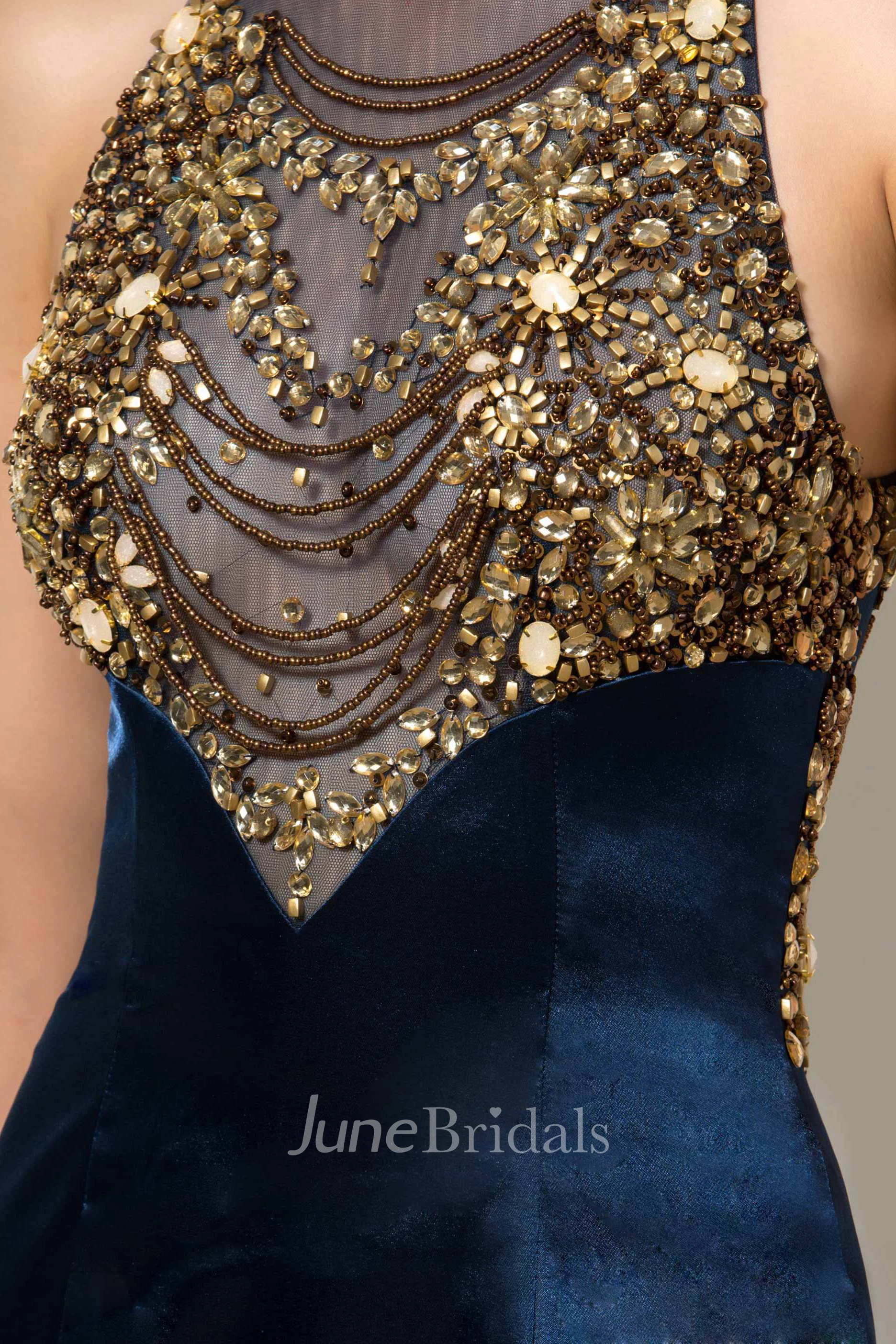 Sleeveless Beaded High Neck Mermaid Long Satin Dress 