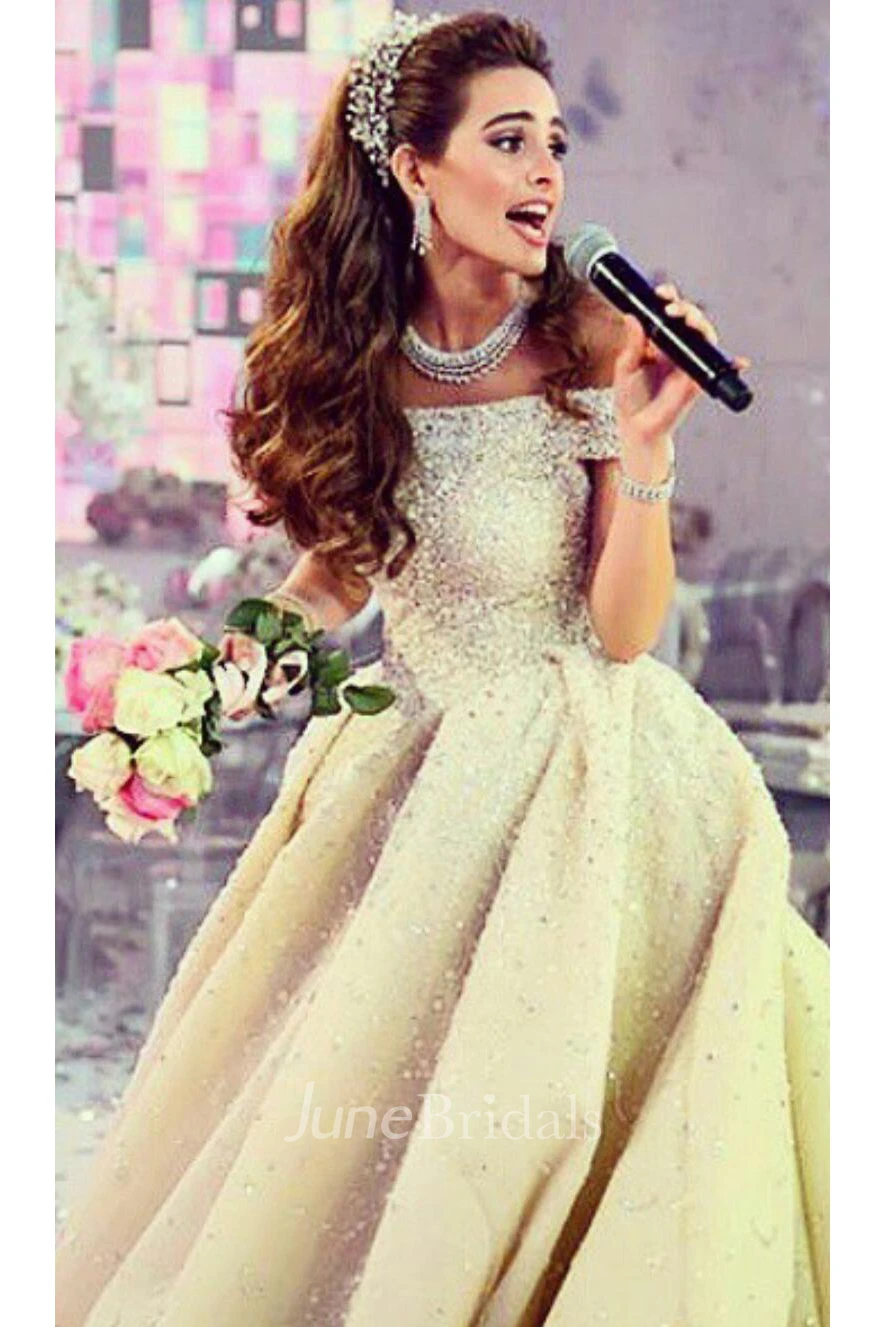 Elegant Sequined Ball Gown Wedding Dress Off-the-shoulder Court Train