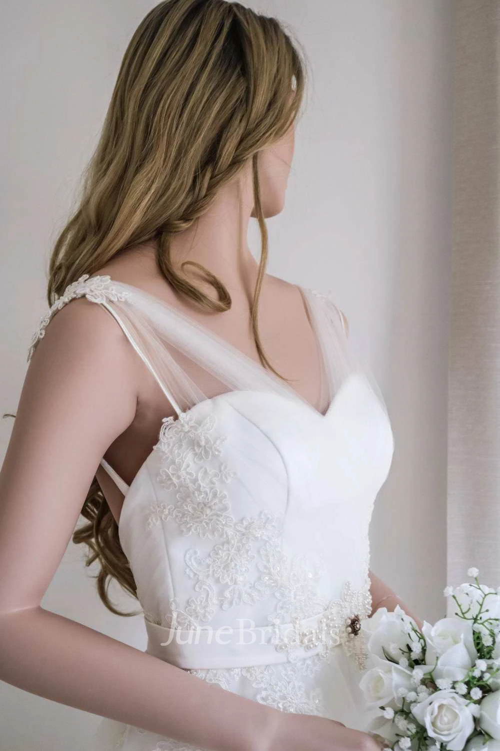 A-Line Tulle Satin Beaded Lace Wedding Dress