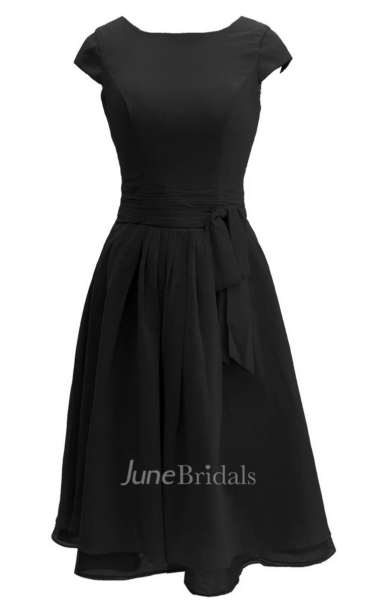 Cap-sleeved Knee-length Chiffon Dress With Ribbon