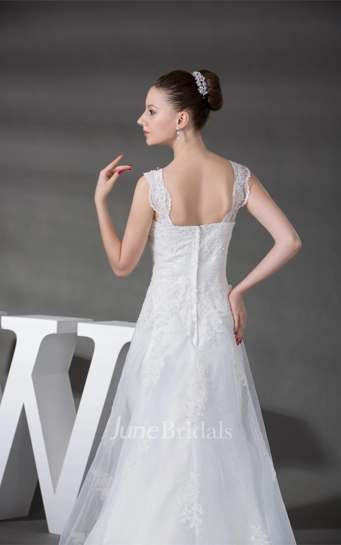 Strapped Lace A-Line Gown with Ruching and Crystal Detailing