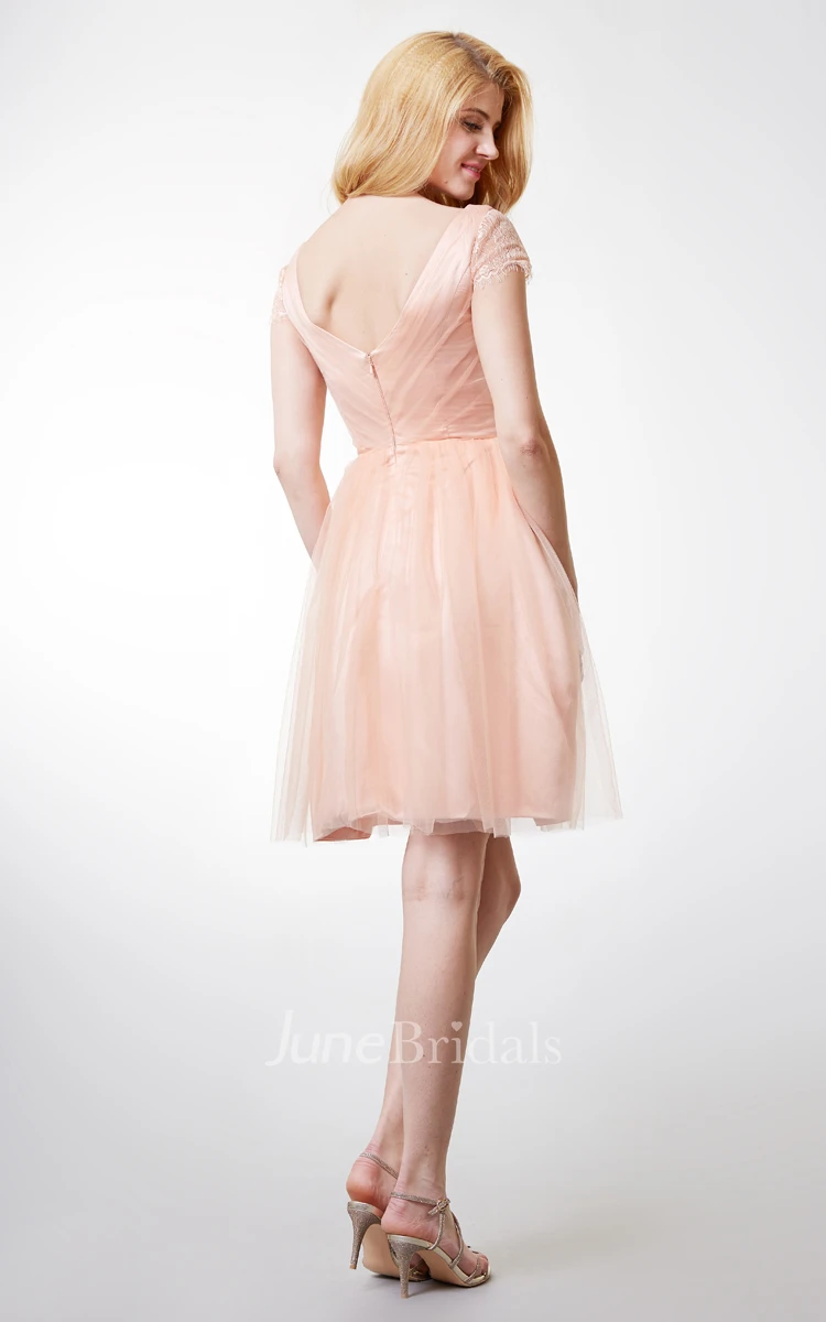 A-line Short Tulle Bridesmaid Dress with Short Sleeves