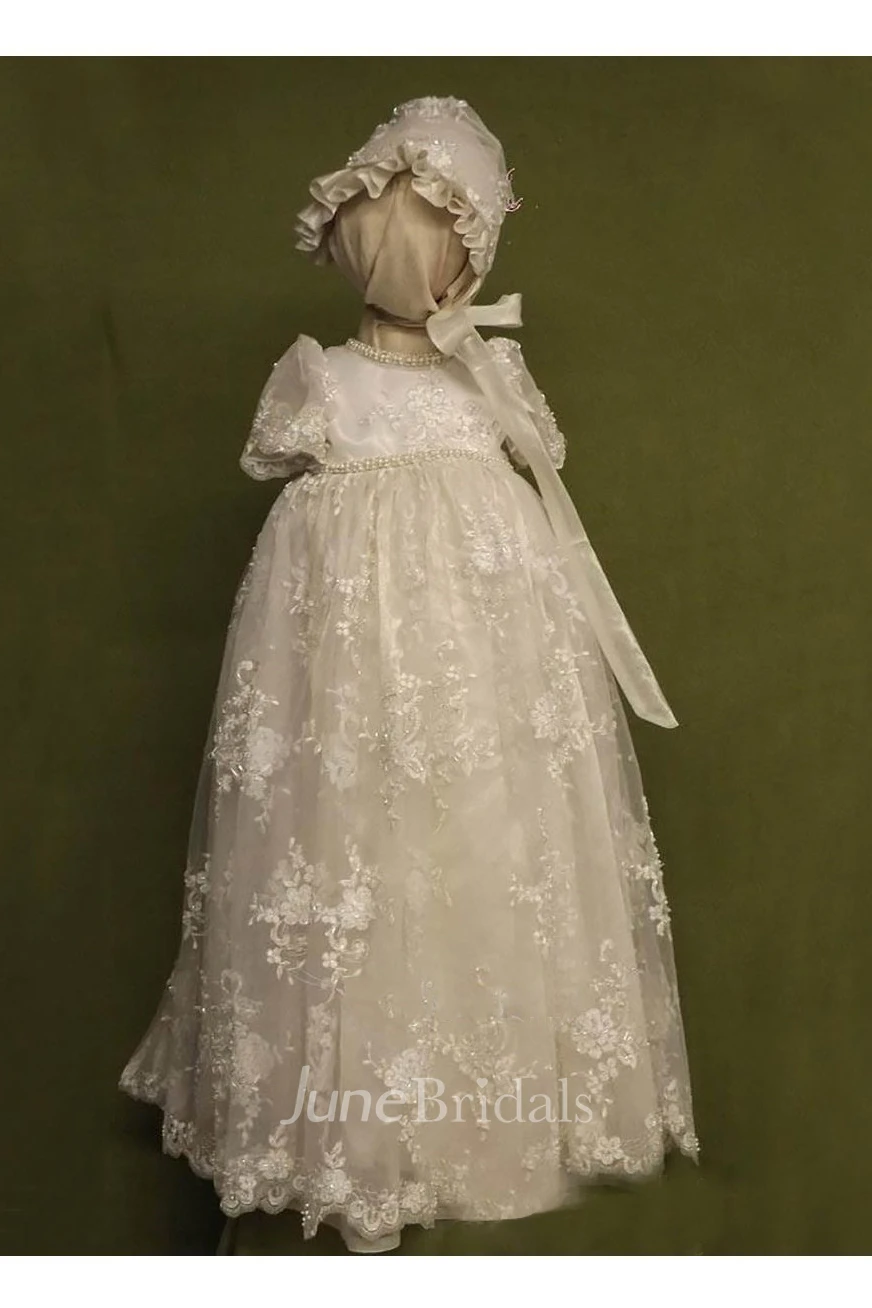 Adorable Christening Gown With Pearls And Lace Appliques