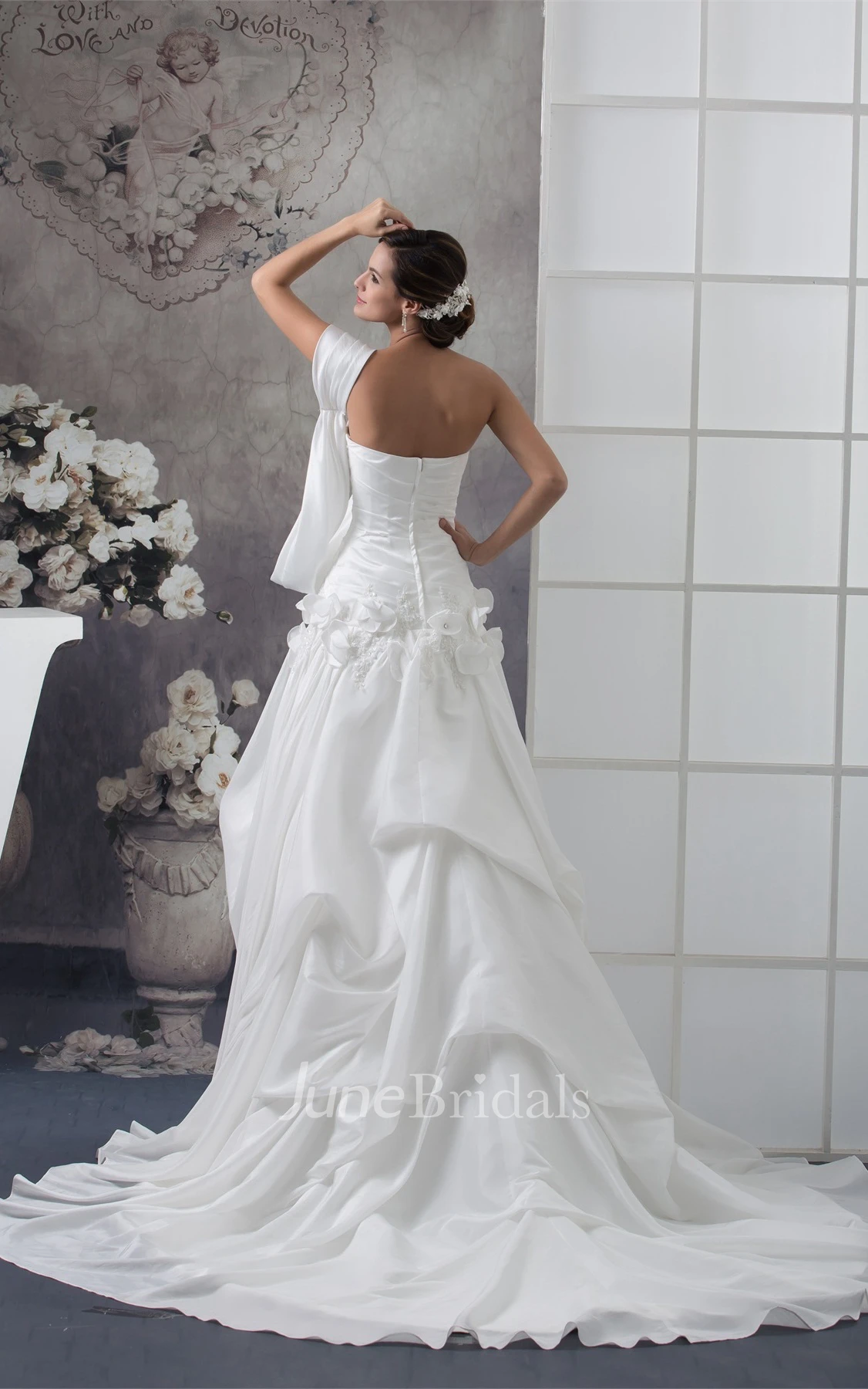 Strapless Pick-Up A-Line Gown with Flower and Broach