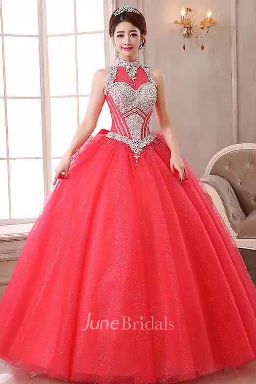Ball Gown High Neck Sleeveless Floor-length Organza Tulle Prom Dress with Beading and Ruffles