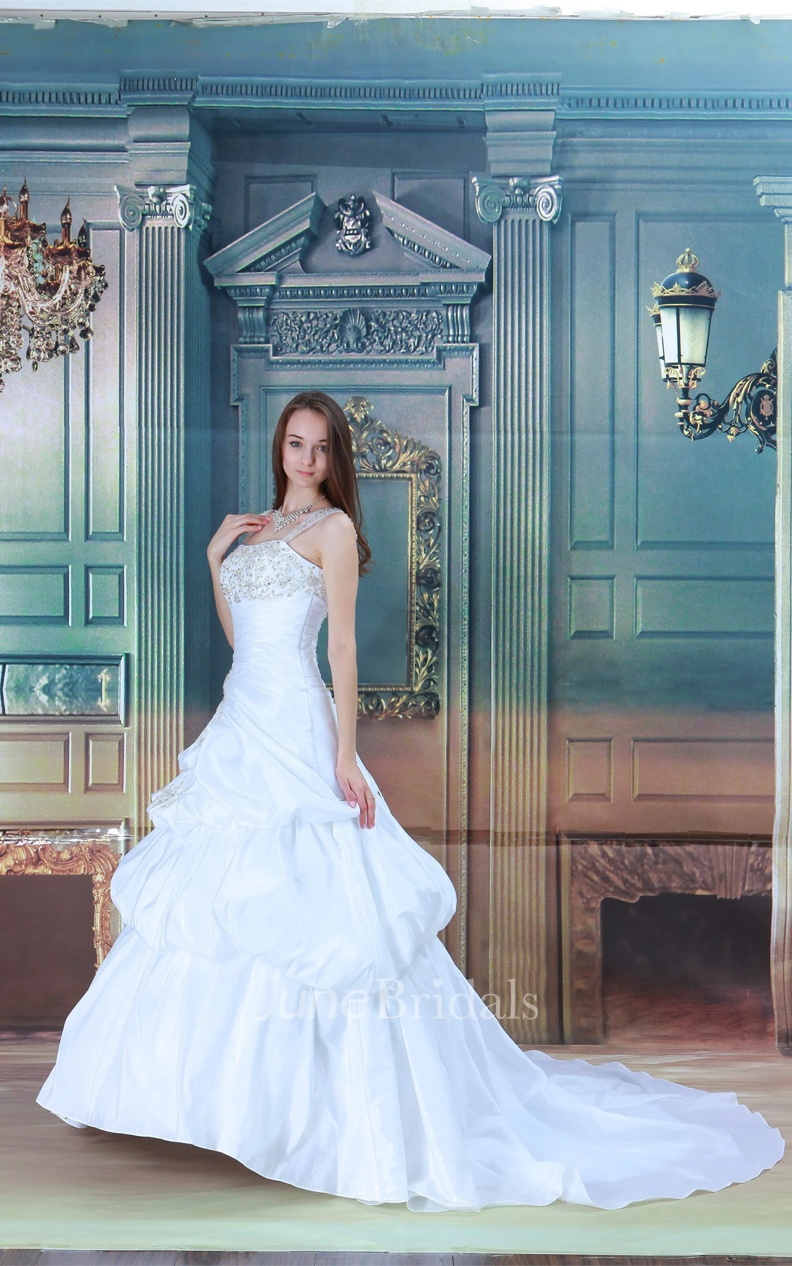 Noble Strapped Pick-Up Ball Gown with Appliques and Beading