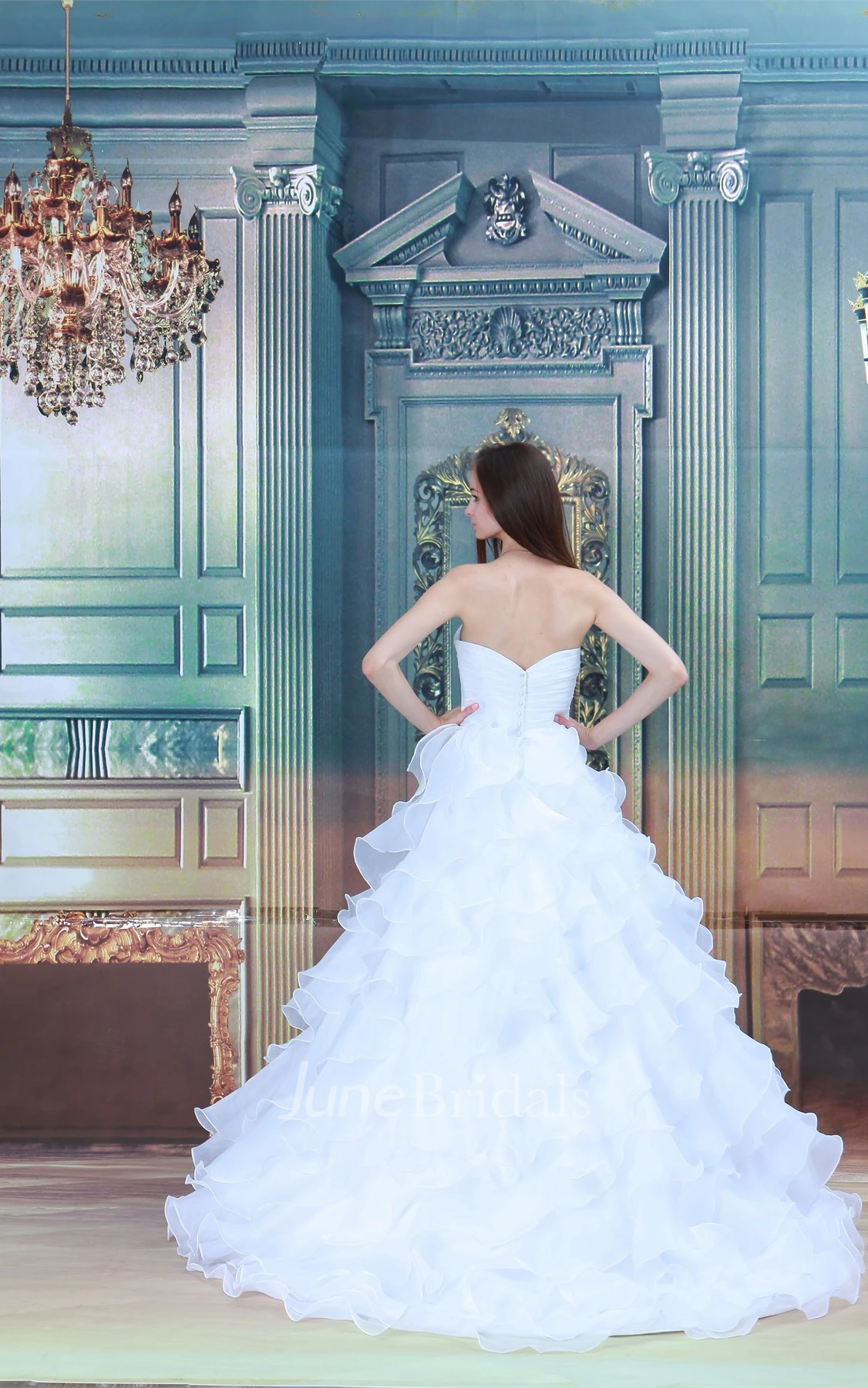 sweetheart ruffled criss-cross gown with tiers and appliques