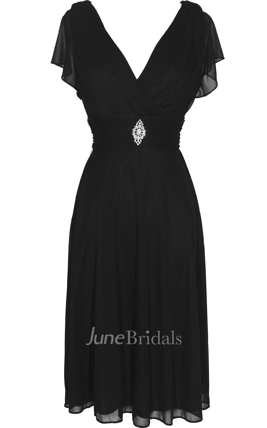 Short Sleeve V-neck Knee-length Chiffon Dress With Beading