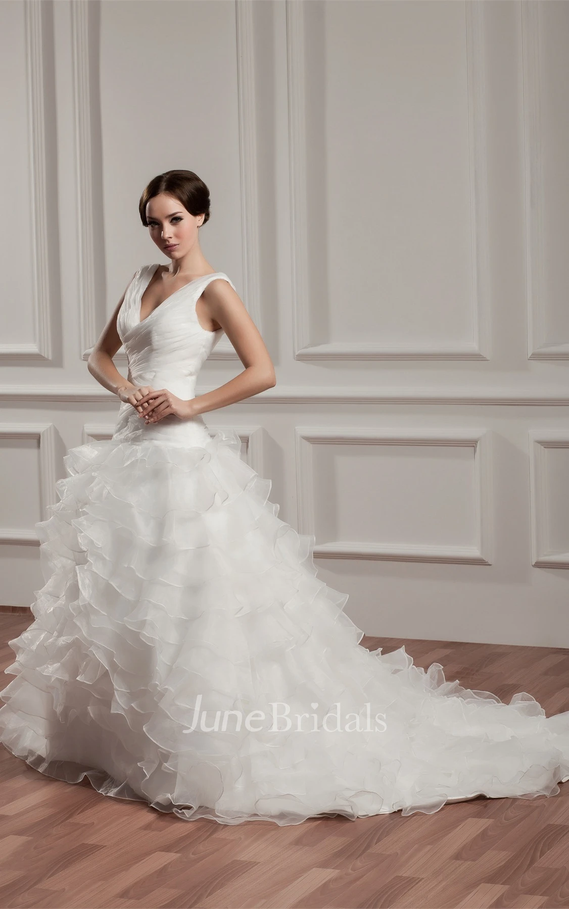 Plunged Sleeveless Ruffled Gown with Tiers and Court Train