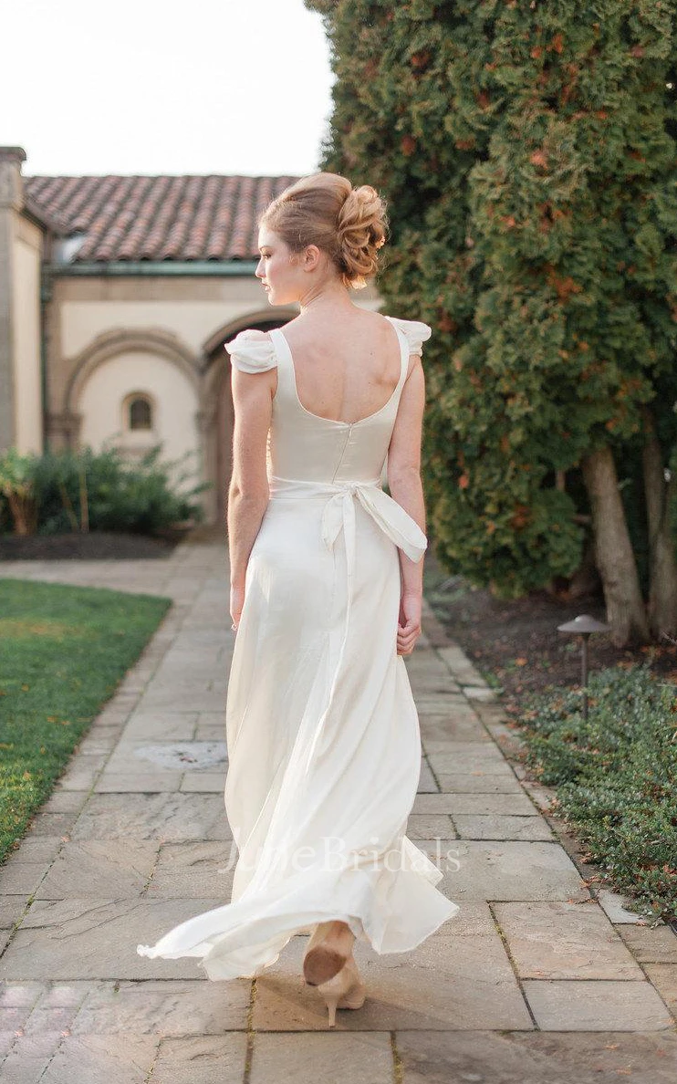 Bateau Neck Sheath Long Satin Wedding Dress With Sash And Cap Sleeve