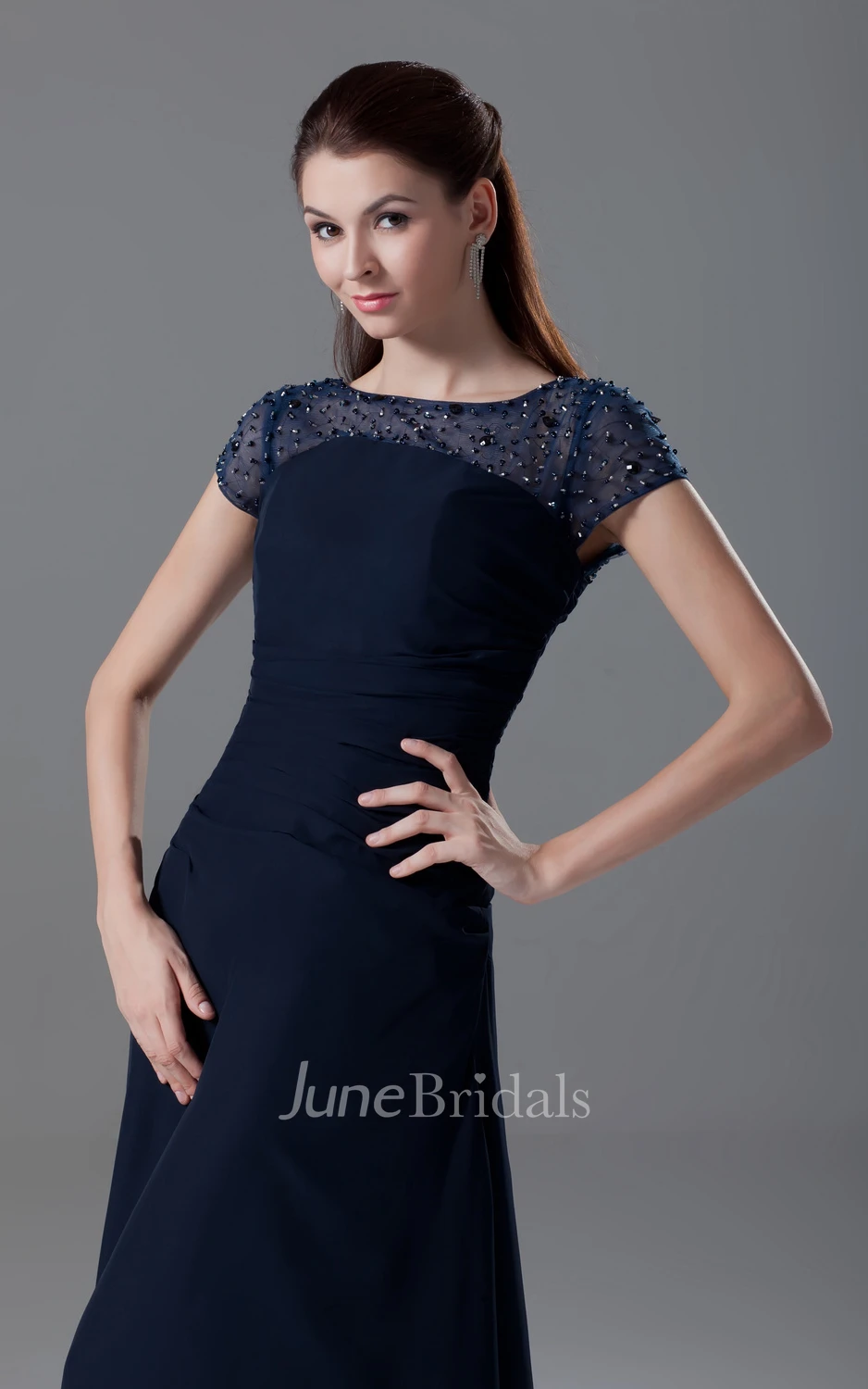 Maxi Bateau-Neck Pleated-Sleeve Dress With Crystal Detailing