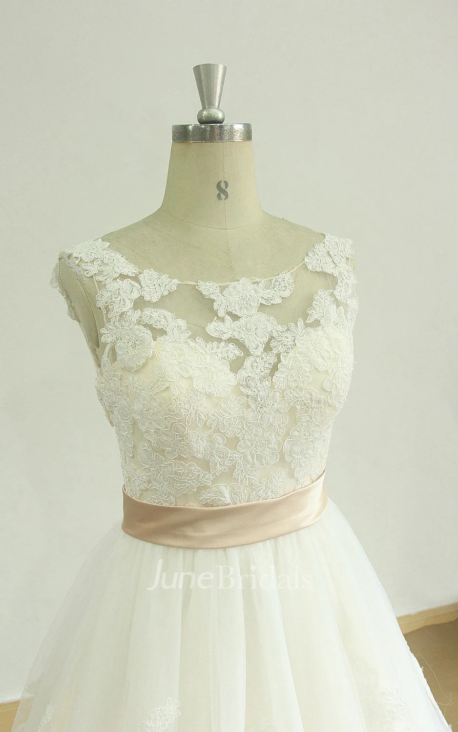 A-Line Tulle Lace Satin Weddig Dress With Illusion