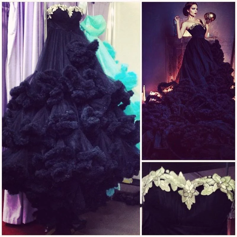 Gorgeous Appliques Ruffles Black Evening Dress Court Train Sleeveless