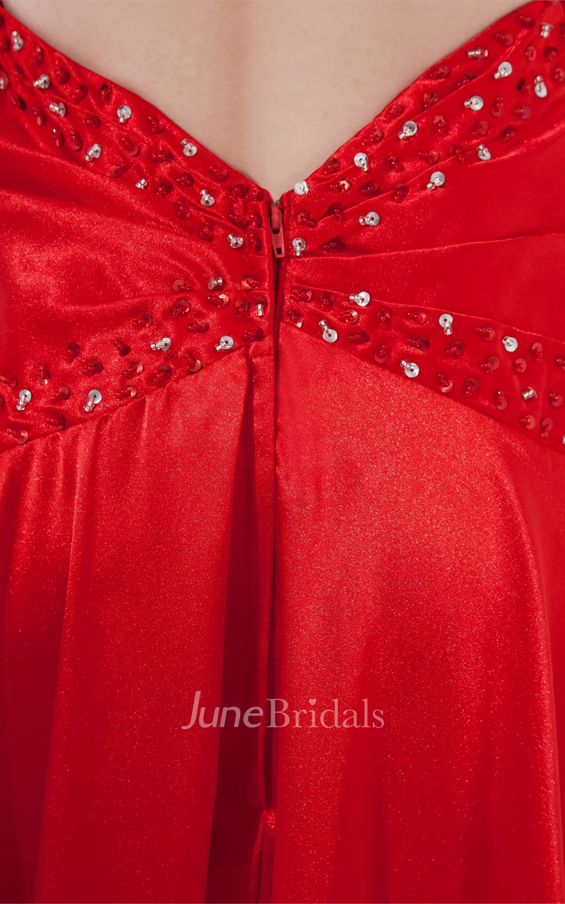 spaghetti-strap satin ankle-length dress with pleats and beading