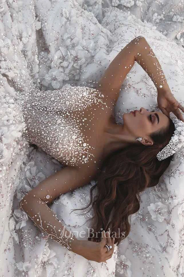 3D Floral Luxury Illusion Long Sleeve Bridal Ballgown With Beading And Appliques