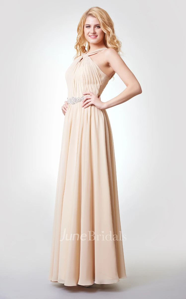 Sleeveless A-line Ruched Long Chiffon Dress With Pleats