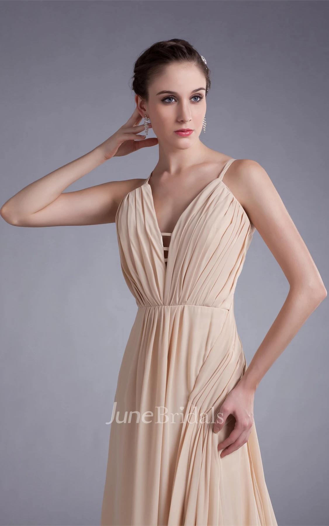 spaghetti-strap maxi chiffon dress with brush train and draping