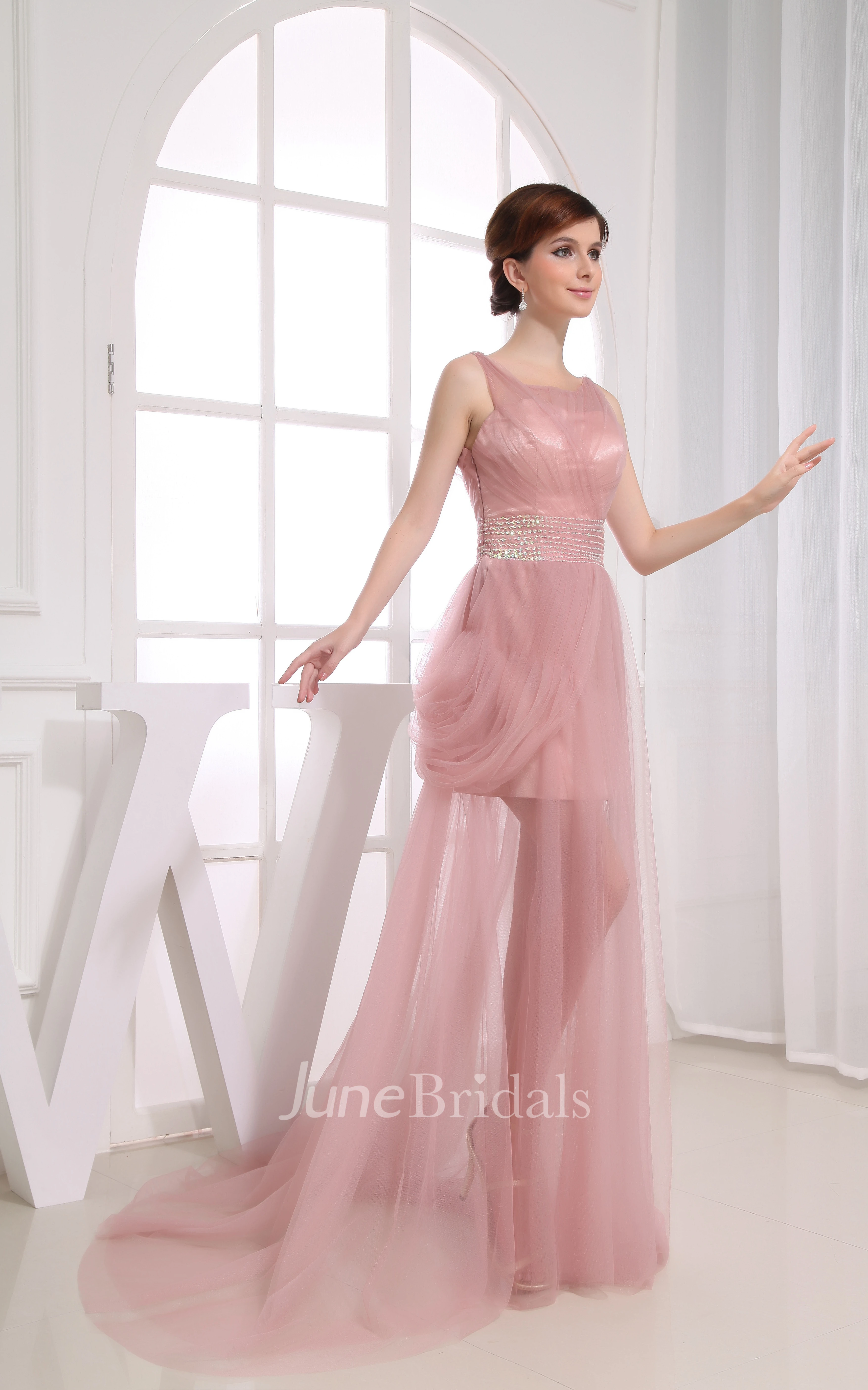 Bateau-Neck Sleeveless Dress With Tulle Overlay and Beaded Waist