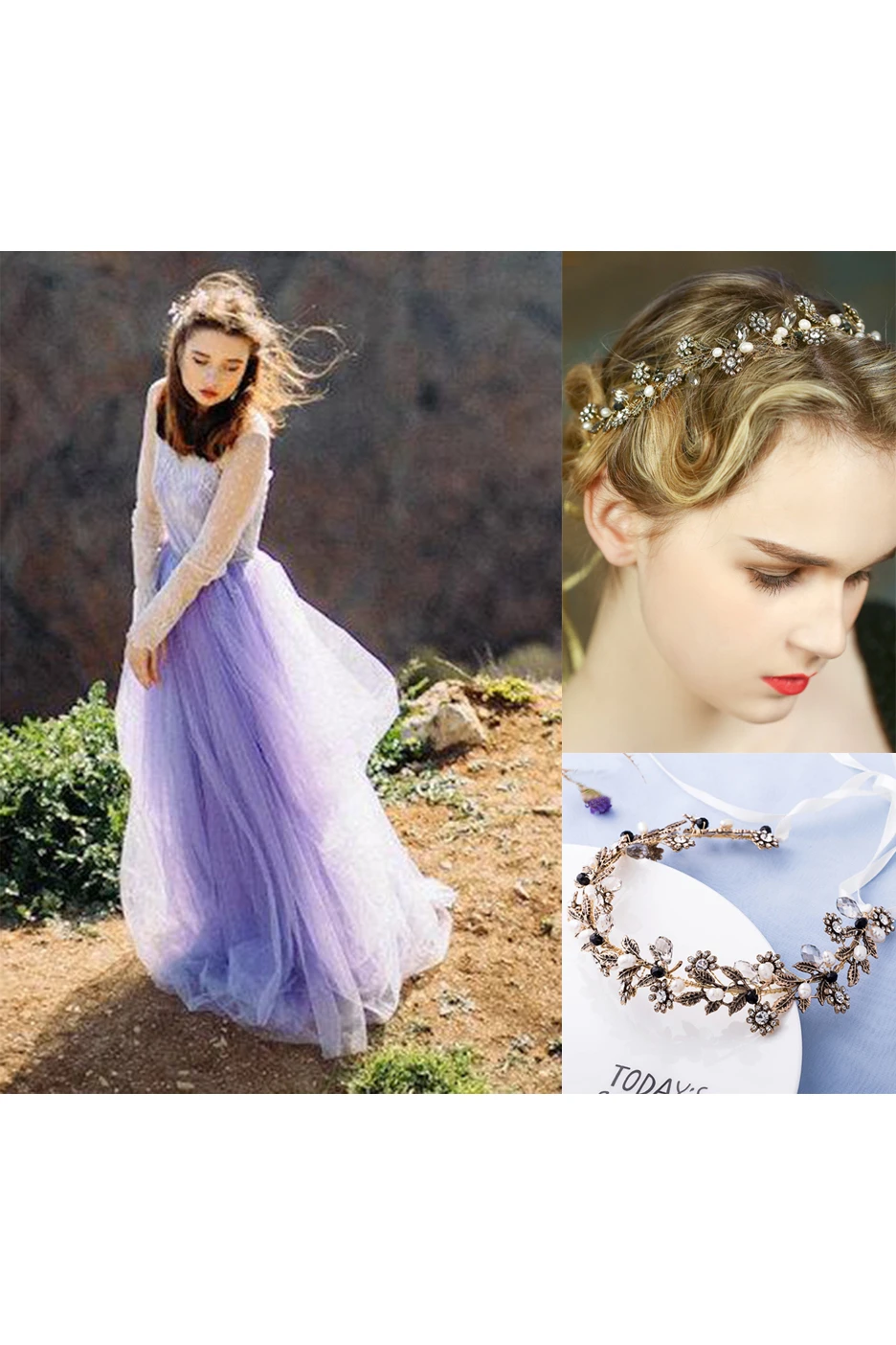 Long Sleeve Tulle Lace Long Dress With Low-V Back Back and Vintage Diamond Crystal Pearl Gold Hair Band