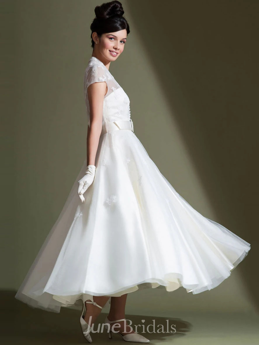 Ankle-Length A-Line V-Neck Cap Sleeve Appliqued Tulle Wedding Dress
