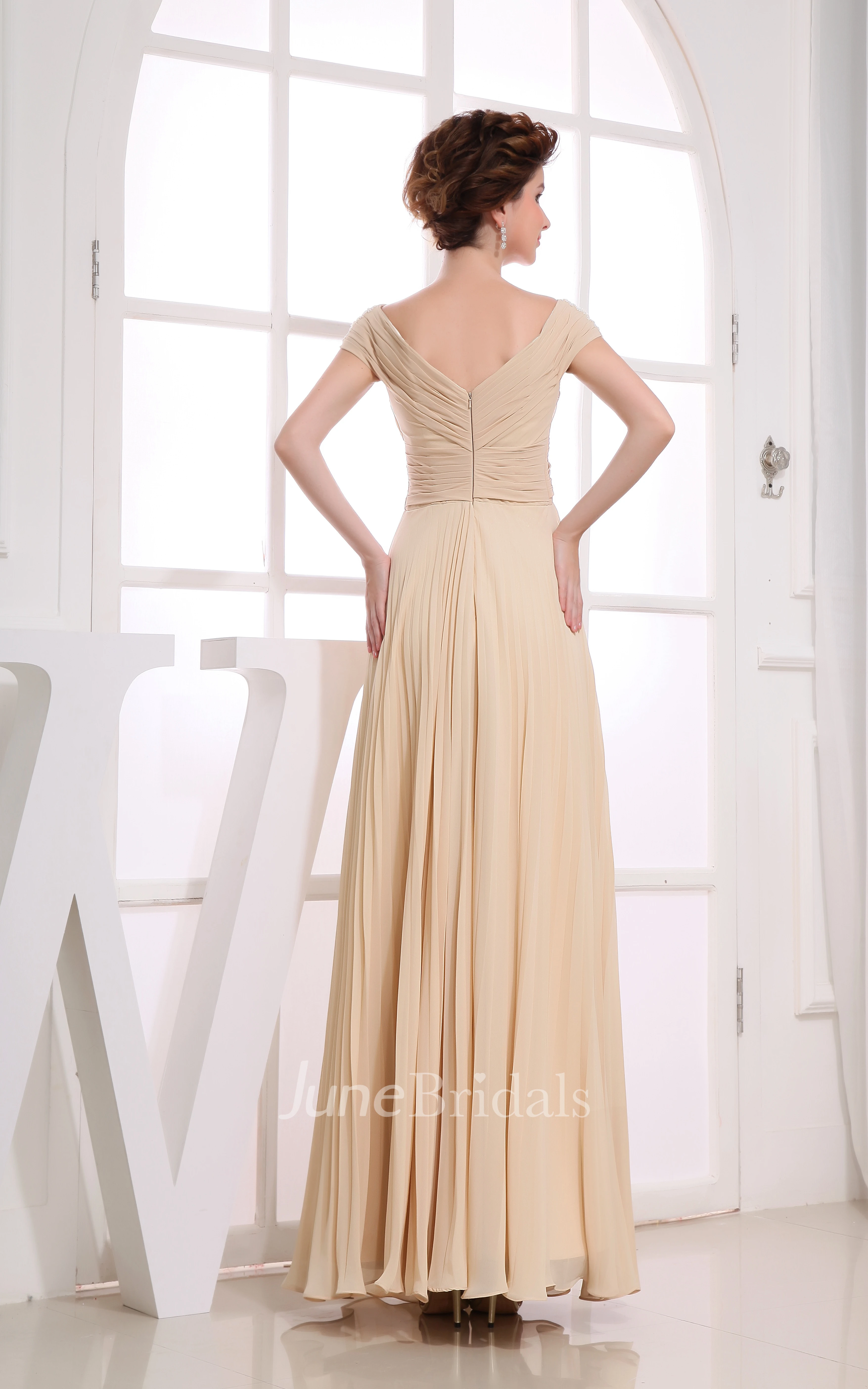 Chiffon Criss-Cross Ruched Floor-Length Dress With Pleats
