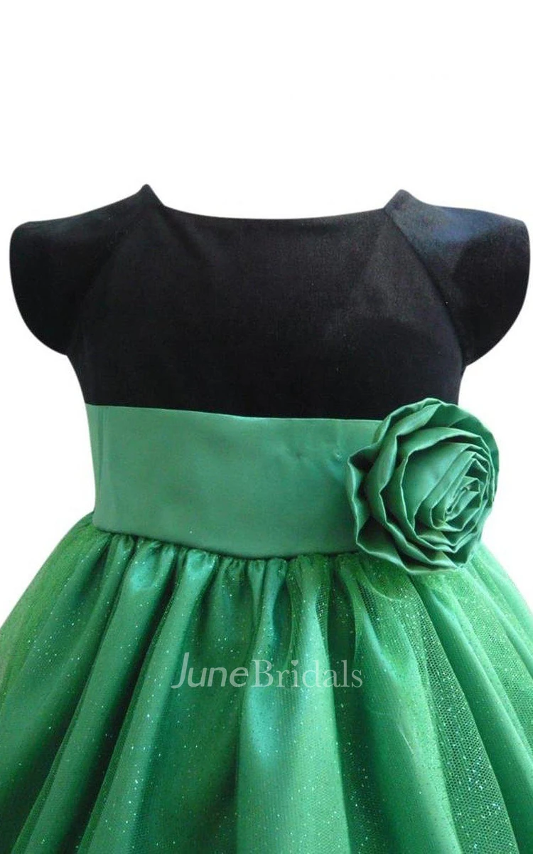 Cap-sleeved Empire Dress With Flower Waist