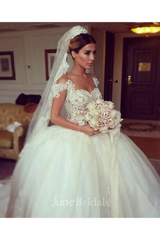 Glamorous Beadings Tulle Ball Gown Wedding Dress Off-the-shoulder Button Back