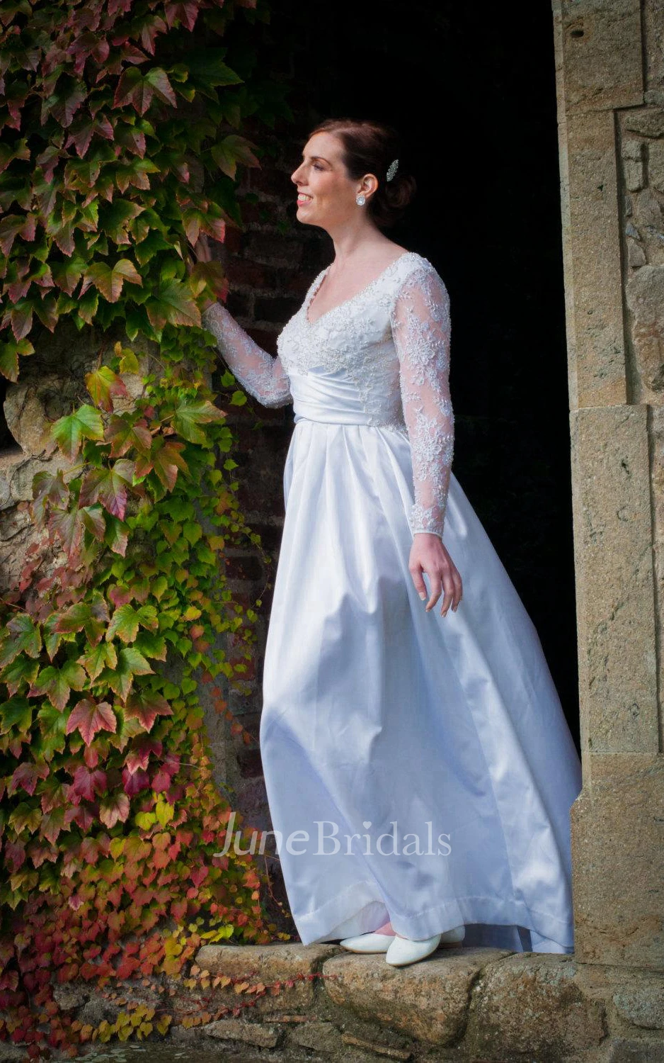 V-Neck Long Lace Sleeve A-Line Taffeta Wedding Dress