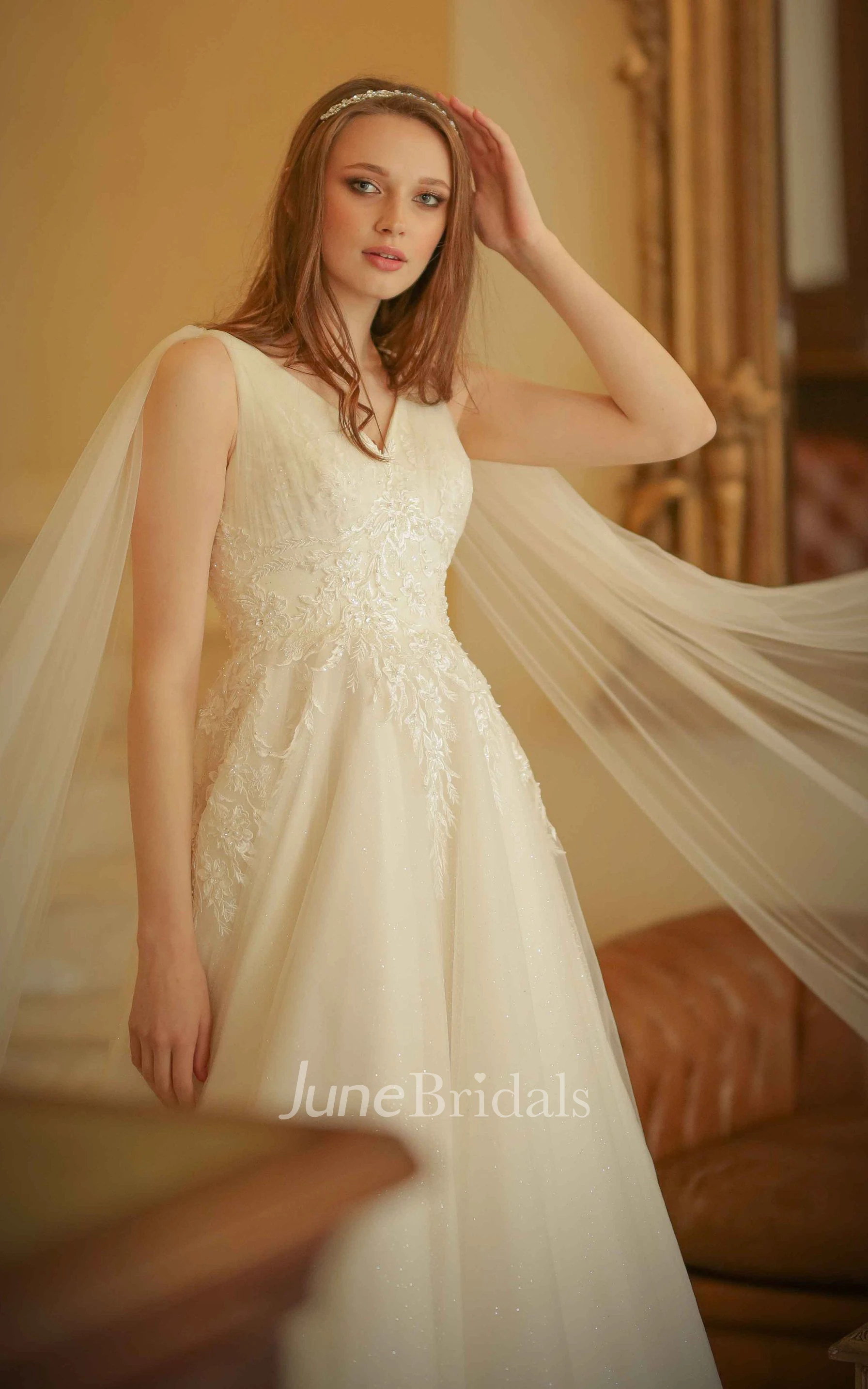 Modern Tulle Sleeveless Brush Train A Line V-neck Wedding Dress with Appliques